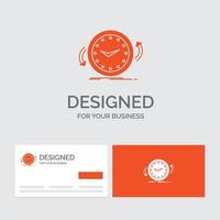 plantilla de logotipo empresarial para copia de seguridad. reloj. agujas del reloj. encimera. tiempo. tarjetas de visita naranjas con plantilla de logotipo de marca. vector