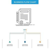 negocio. certificado. contrato. la licenciatura. documento de diseño de diagrama de flujo de negocios con 3 pasos. icono de línea para el lugar de plantilla de fondo de presentación para texto vector