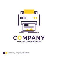 Company Name Logo Design For Digital. printer. printing. hardware. paper. Purple and yellow Brand Name Design with place for Tagline. Creative Logo template for Small and Large Business. vector