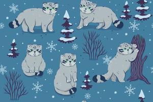 Seamless pattern with winter wild cats. Vector graphics.