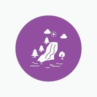 waterfall. tree. pain. clouds. nature White Glyph Icon in Circle. Vector Button illustration