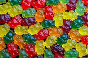 full-frame background and texture of colorful jelly bears laid on flat surface photo
