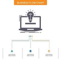 computadora portátil. solución. ocurrencia. bulbo. diseño de diagrama de flujo empresarial de solución con 3 pasos. icono de glifo para el lugar de plantilla de fondo de presentación para texto. vector