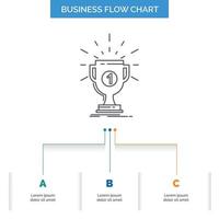 award. cup. prize. reward. victory Business Flow Chart Design with 3 Steps. Line Icon For Presentation Background Template Place for text vector