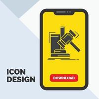 Auction. gavel. hammer. judgement. law Glyph Icon in Mobile for Download Page. Yellow Background vector