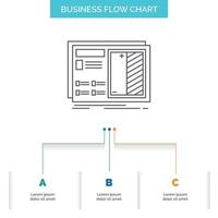 Blueprint. design. drawing. plan. prototype Business Flow Chart Design with 3 Steps. Line Icon For Presentation Background Template Place for text vector