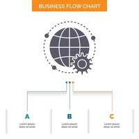 conectado. en línea. mundo. globo. diseño de diagrama de flujo empresarial multijugador con 3 pasos. icono de glifo para el lugar de plantilla de fondo de presentación para texto. vector