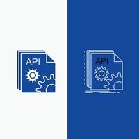 API. aplicación codificación. desarrollador. línea de software y botón web de glifo en banner vertical de color azul para ui y ux. sitio web o aplicación móvil vector