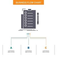 expertise. checklist. check. list. document Business Flow Chart Design with 3 Steps. Glyph Icon For Presentation Background Template Place for text. vector