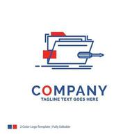 Company Name Logo Design For Folder. repair. skrewdriver. tech. technical. Blue and red Brand Name Design with place for Tagline. Abstract Creative Logo template for Small and Large Business. vector