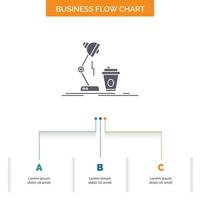 studio. design. coffee. lamp. flash Business Flow Chart Design with 3 Steps. Glyph Icon For Presentation Background Template Place for text. vector