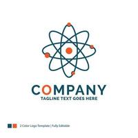 átomo. nuclear. molécula. química. diseño de logotipo de ciencia. diseño de marca azul y naranja. lugar para el eslogan. plantilla de logotipo de empresa. vector