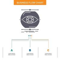 visualize. conception. monitoring. monitoring. vision Business Flow Chart Design with 3 Steps. Glyph Icon For Presentation Background Template Place for text. vector