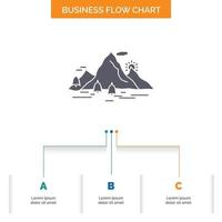 naturaleza. Cerro. paisaje. montaña. diseño de diagrama de flujo de negocios de escena con 3 pasos. icono de glifo para el lugar de plantilla de fondo de presentación para texto. vector