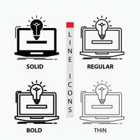 laptop. solution. idea. bulb. solution Icon in Thin. Regular. Bold Line and Glyph Style. Vector illustration