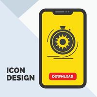 acción. rápido. actuación. proceso. icono de glifo de velocidad en el móvil para la página de descarga. fondo amarillo vector