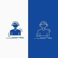 ingeniero. auriculares. escuchar. meloman línea de música y botón web de glifo en banner vertical de color azul para ui y ux. sitio web o aplicación móvil vector