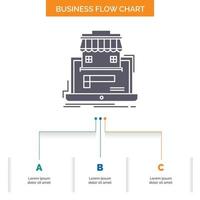 negocio. mercado. organización. datos. diseño de diagrama de flujo de negocios de mercado en línea con 3 pasos. icono de glifo para el lugar de plantilla de fondo de presentación para texto. vector