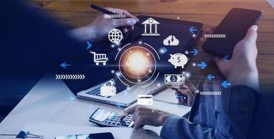 futuristic digital processing of biometric identification fingerprint scanner for access personal financial data. surveillance and security scanning of digital programs cyber futuristic applications photo