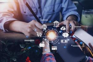 futuristic digital processing of biometric identification fingerprint scanner for access personal financial data. surveillance and security scanning of digital programs cyber futuristic applications photo