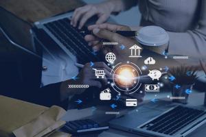 futuristic digital processing of biometric identification fingerprint scanner for access personal financial data. surveillance and security scanning of digital programs cyber futuristic applications photo