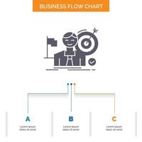 negocio. meta. pegar. mercado. diseño de diagrama de flujo empresarial de éxito con 3 pasos. icono de glifo para el lugar de plantilla de fondo de presentación para texto. vector