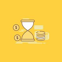 Hourglass. management. money. time. coins Flat Line Filled Icon. Beautiful Logo button over yellow background for UI and UX. website or mobile application vector