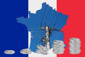 esquema del mapa de francia con la imagen de la bandera nacional. línea eléctrica dentro del mapa.pilas de monedas de euro. collage. crisis de energía. foto
