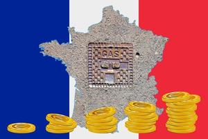 Outline map of France with the image of the national flag. Manhole cover of the gas pipeline system inside the map. Stacks of Euro coins. Collage. Energy crisis. photo