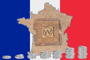 Outline map of France with the image of the national flag. Hatch for the water system inside the map. Stacks of Euro coins. Collage. Energy crisis. photo