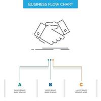 apretón de manos. apretón de manos mano temblorosa. convenio. diseño de diagrama de flujo empresarial con 3 pasos. icono de línea para el lugar de plantilla de fondo de presentación para texto vector