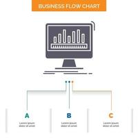 analítica. Procesando. tablero. datos. diseño de diagrama de flujo de negocio de estadísticas con 3 pasos. icono de glifo para el lugar de plantilla de fondo de presentación para texto. vector