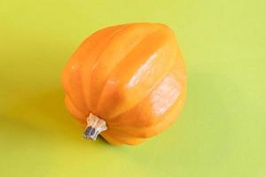 A bright orange Golden Acorn squash on a green background. photo