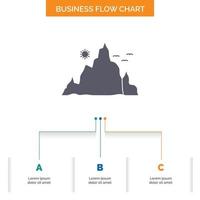 montaña. paisaje. Cerro. naturaleza. diseño de diagrama de flujo de negocios de sol con 3 pasos. icono de glifo para el lugar de plantilla de fondo de presentación para texto. vector