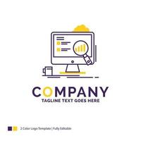 Company Name Logo Design For analytics. board. presentation. laptop. statistics. Purple and yellow Brand Name Design with place for Tagline. Creative Logo template for Small and Large Business. vector