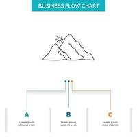 montaña. paisaje. Cerro. naturaleza. diseño de diagrama de flujo de negocios de sol con 3 pasos. icono de línea para el lugar de plantilla de fondo de presentación para texto vector