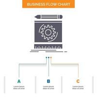 Draft. engineering. process. prototype. prototyping Business Flow Chart Design with 3 Steps. Glyph Icon For Presentation Background Template Place for text. vector