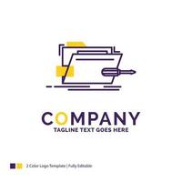 diseño de logotipo de nombre de empresa para carpeta. reparar. destornillador tecnología técnico. diseño de marca púrpura y amarillo con lugar para eslogan. plantilla de logotipo creativo para pequeñas y grandes empresas. vector