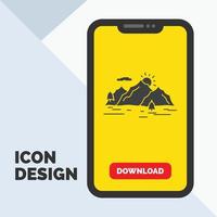 montaña. Cerro. paisaje. naturaleza. icono de glifo de árbol en el móvil para la página de descarga. fondo amarillo vector