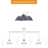 montaña. paisaje. Cerro. naturaleza. diseño de diagrama de flujo de negocios de aves con 3 pasos. icono de glifo para el lugar de plantilla de fondo de presentación para texto. vector