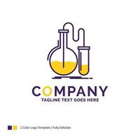 diseño del logotipo del nombre de la empresa para el análisis. química. matraz. investigar. prueba. diseño de marca púrpura y amarillo con lugar para eslogan. plantilla de logotipo creativo para pequeñas y grandes empresas. vector