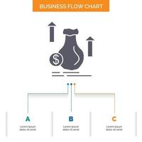 dinero. bolsa. dólar. crecimiento. diseño de diagrama de flujo de negocios bursátiles con 3 pasos. icono de glifo para el lugar de plantilla de fondo de presentación para texto. vector