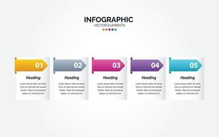 Carpeta de plantilla colorida de diseño vectorial de marketing comercial infográfico horizontal 5 opciones o pasos en un estilo mínimo. vector