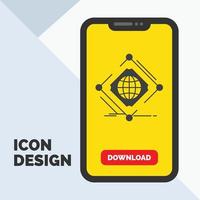 Complex. global. internet. net. web Glyph Icon in Mobile for Download Page. Yellow Background vector