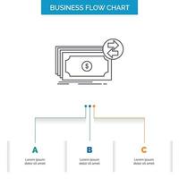 Banknotes. cash. dollars. flow. money Business Flow Chart Design with 3 Steps. Line Icon For Presentation Background Template Place for text vector