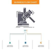 subasta. mazo. martillo. juicio. diseño de diagrama de flujo de negocios de ley con 3 pasos. icono de glifo para el lugar de plantilla de fondo de presentación para texto. vector