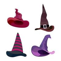 Witch hats with straps and buckles set. Vector illustration isolated on white background.