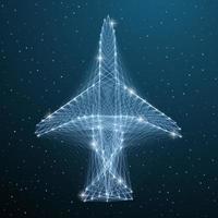 Airplane line wireframe travel transport. Abstract aircraft top view polygonal flight plane on blue star sky. Vector digital low poly geometry airplane concept.