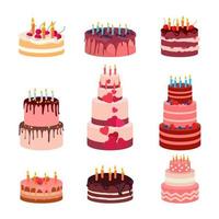 Sweet baked isolated cakes set. Strawberry icing cake for holiday, cupcake, brown chocolate gourmet, colorful birthday celebration cherry bakery with candles and fruits on white background. Vector