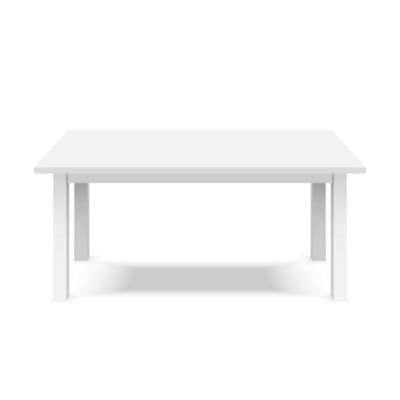 Empty top of white plastic table isolated on white background. For product display template. Vector 3d table for object presentation.